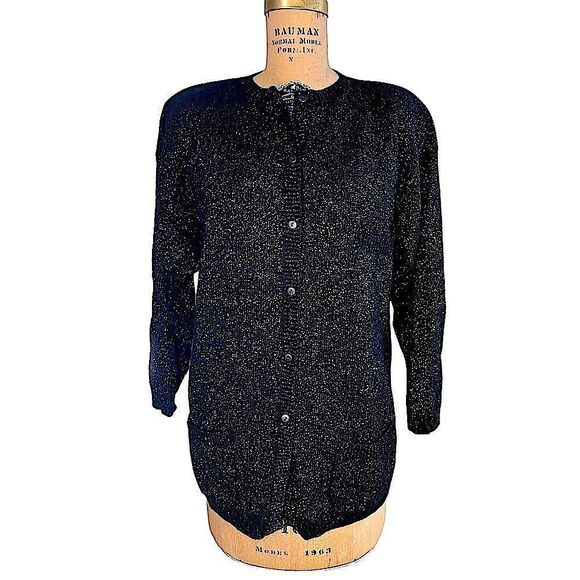 Vintage 80s Carducci Black Lambswool cardigan with gold and green sparkle Medium - Picture 1 of 8